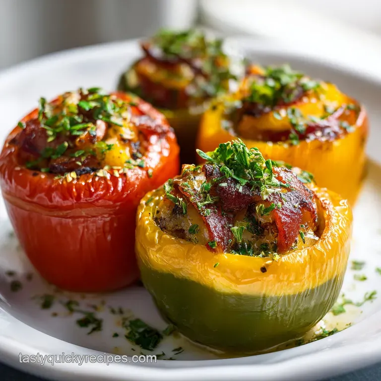 A single, vibrant stuffed pepper, halved to reveal the fluffy rice filling. Garnished with fresh herbs on a white plate.