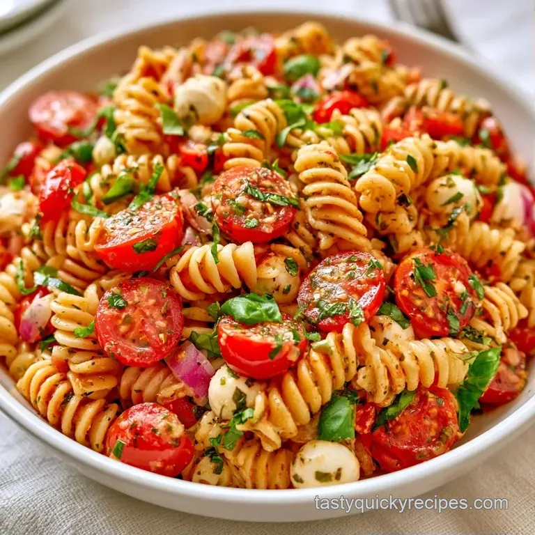 Vibrant rotini tossed with red tomatoes and green herbs, plated elegantly in a shallow matte grey ceramic bowl.