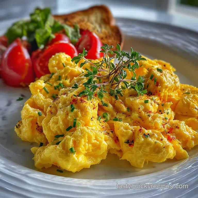 Delicate, fluffy scrambled eggs presented on a rustic plate with chives, next to toasted sourdough bread and a vibrant red...