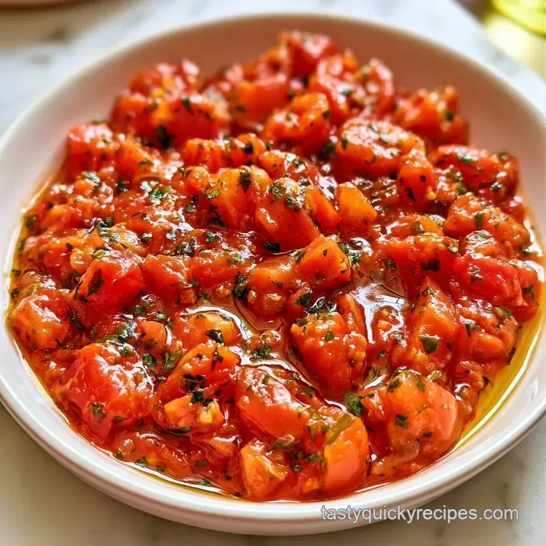 A swirl of thick red sauce on a white plate, garnished with a fresh basil sprig and a sprinkle of parmesan.
