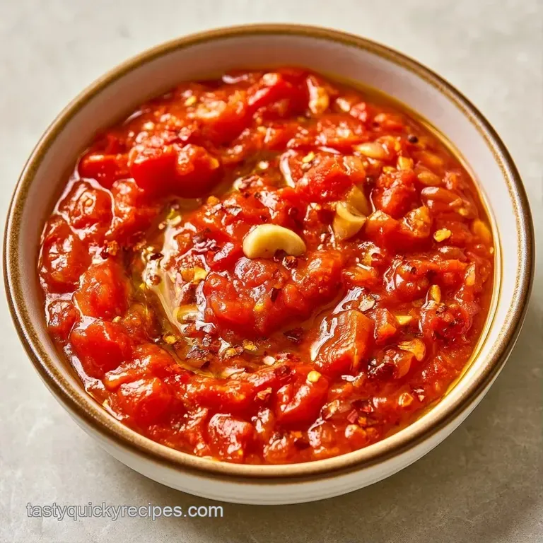 Rich red sauce swirled over pasta in a white bowl, finished with snowy parmesan and a sprig of fresh basil.
