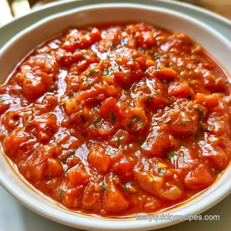 Rich red sauce swirled on a white ceramic plate, topped with a dollop of creamy ricotta and a sprig of basil.