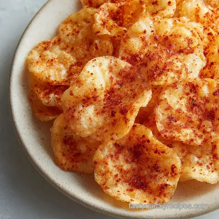 Puffed, translucent white chips artfully arranged on a slate platter beside a small bowl of vibrant red dipping sauce.
