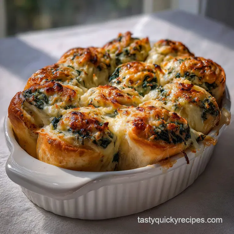 Elegant slices of spinach dip roll arranged artfully on a white platter, garnished with fresh herbs. Appealing textures an...