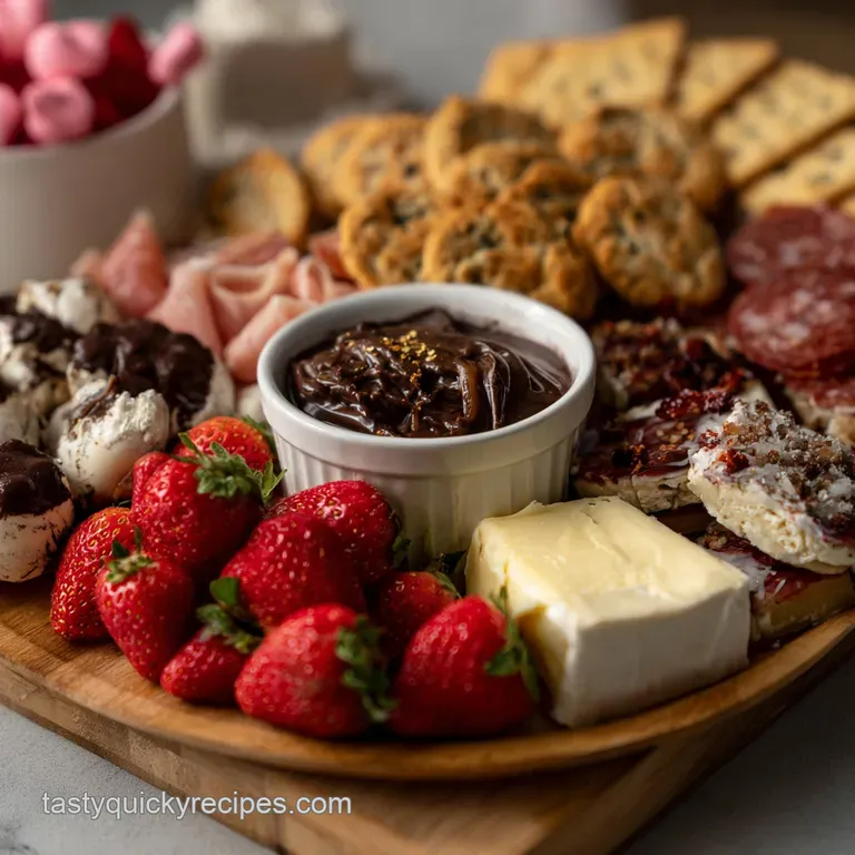 Close-up of a beautifully arranged charcuterie board featuring a variety of cheeses, berries, prosciutto, and decorative r...