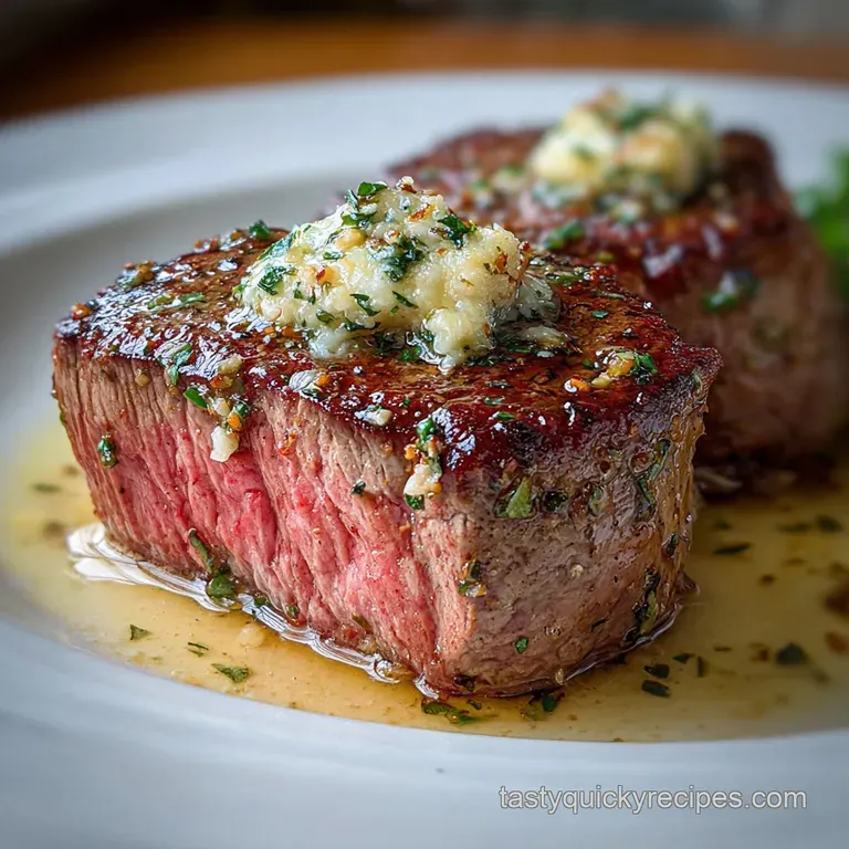 Perfectly seared filet rests on creamy mashed potatoes, garnished with vibrant herbs. A drizzle of rich, golden garlic but...