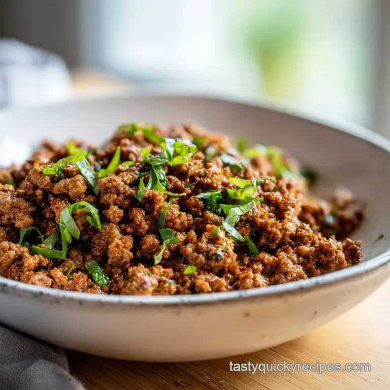 Plated ground beef with glistening herbs. A simple yet elegant presentation showcasing the dish's texture and fresh ingred...