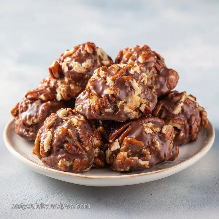 Golden-brown pralines, glistening and slightly irregular, artfully scattered on a white ceramic plate.
