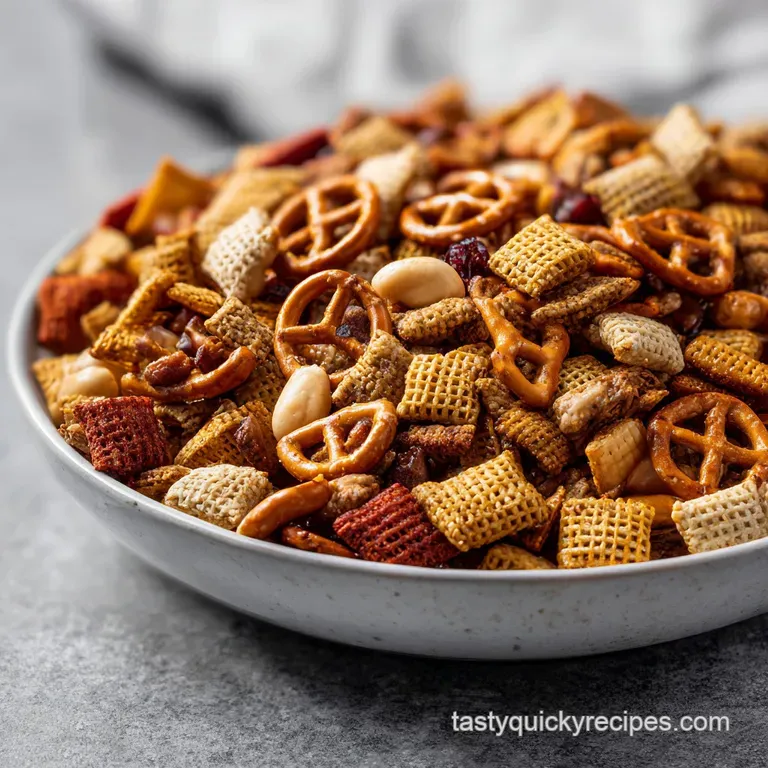 Pile of warm, toasted Chex mix in a rustic bowl, dusted with herbs. Ready for snacking and sharing with friends.