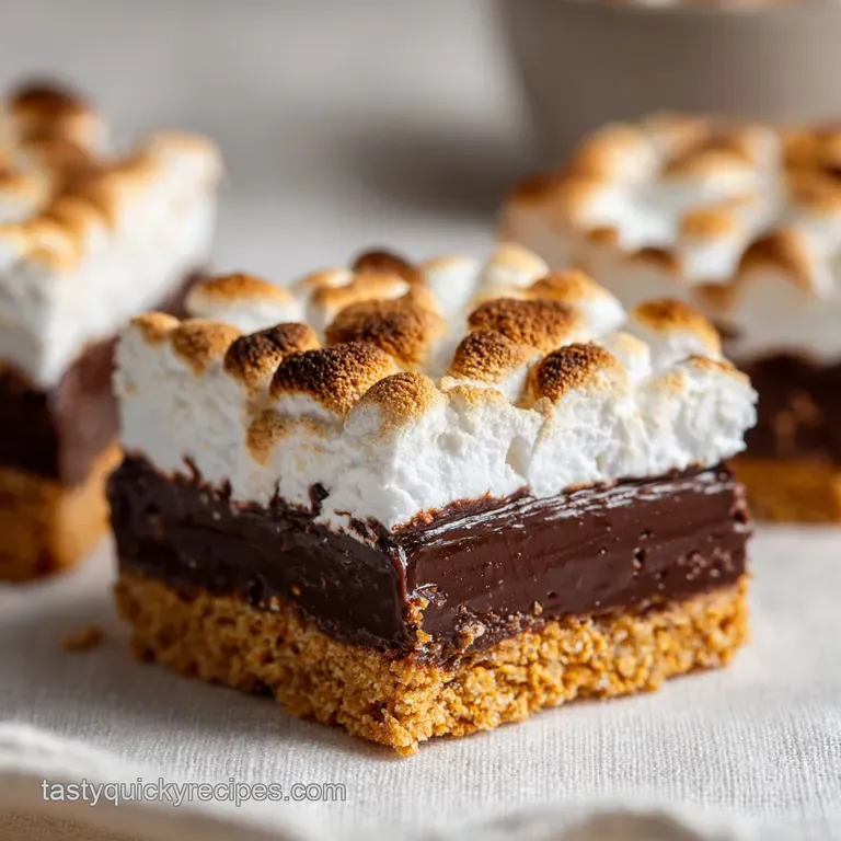 A single square of toasted marshmallow dessert on a ceramic plate, showing molten chocolate and a crisp golden crust.