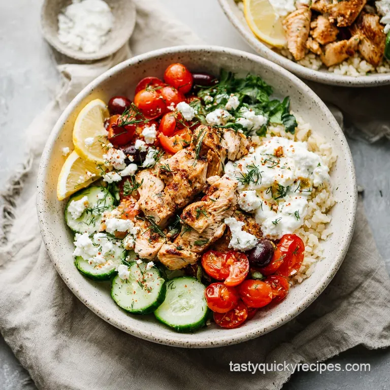 A beautifully plated Greek chicken bowl with juicy chicken, crisp vegetables, and a generous dollop of cool, refreshing tz...