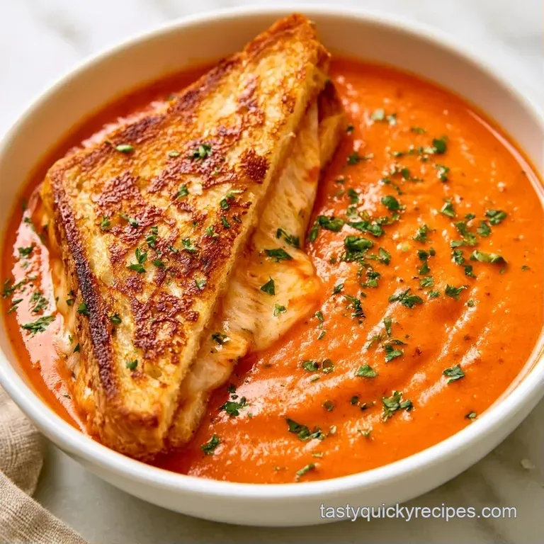 A deep red bowl of steaming soup paired with two buttery, toasted triangles of cheese on a white ceramic plate.