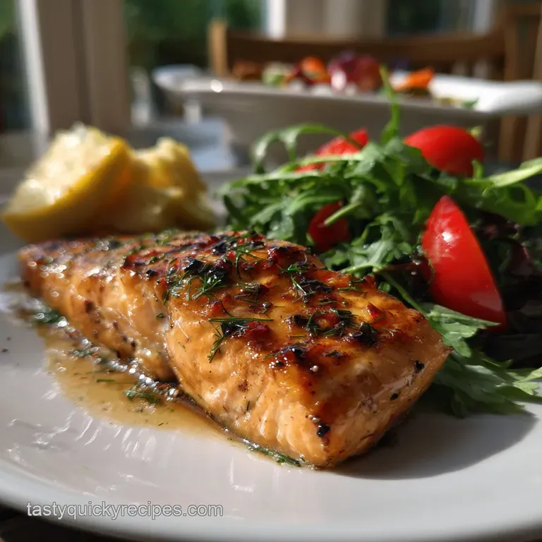 Perfectly seared salmon fillet, skin-side up, on a white plate with artfully arranged asparagus spears and lemon wedges.