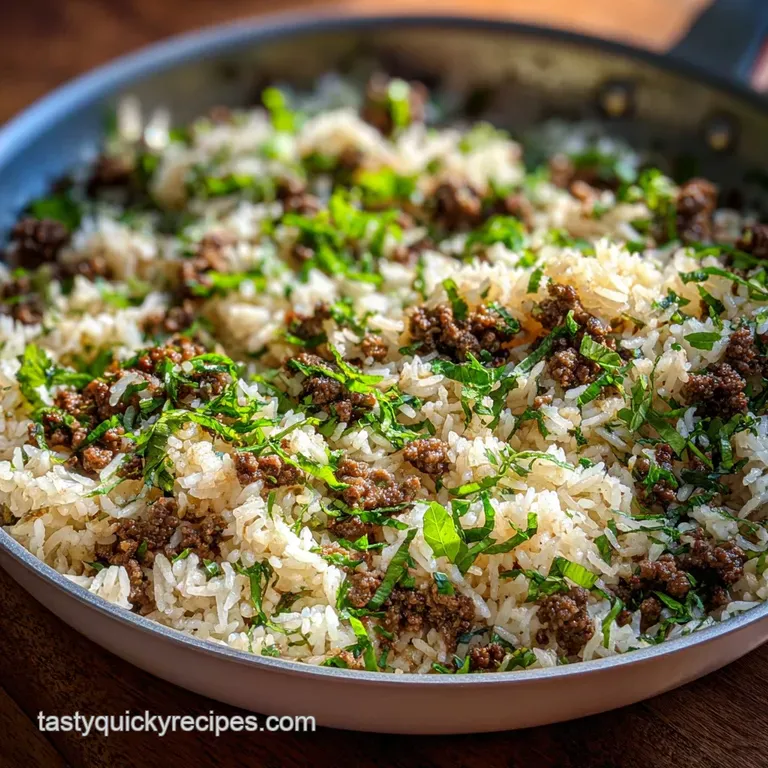 Steaming portion of seasoned ground beef and rice. Garnished with vibrant green parsley. A comforting, complete meal.