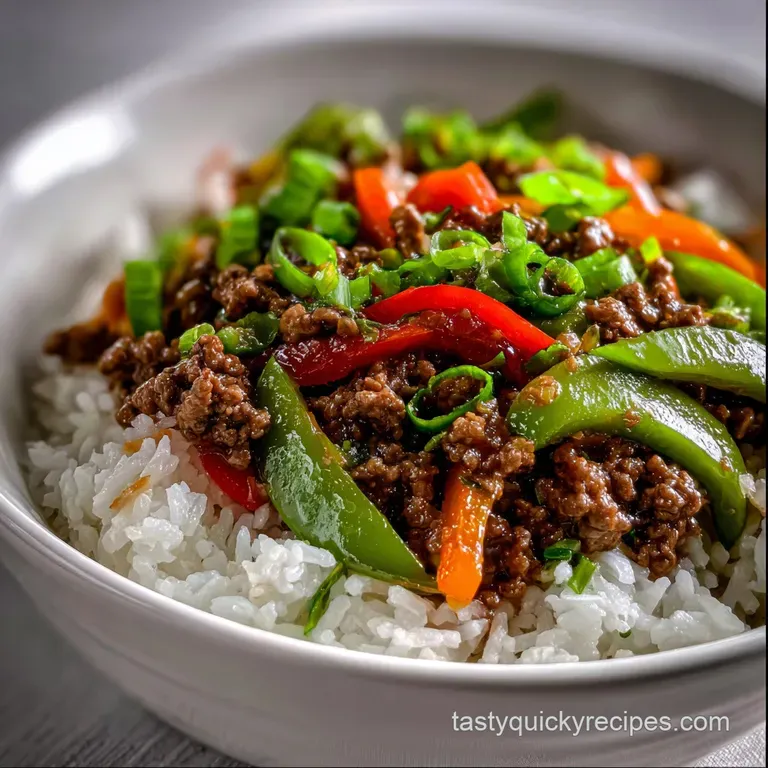 Steaming ground beef stir-fry artfully arranged in a white bowl; sprinkled with sesame seeds and scallions for freshness.