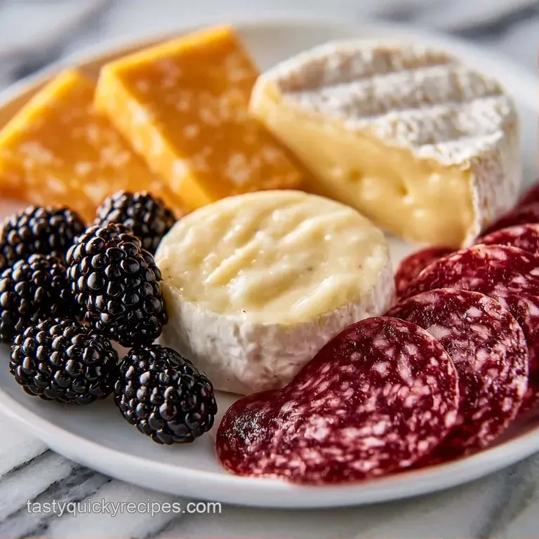 Artfully arranged spread of creamy brie and sliced salami accented by spooky olive spiders and bright orange apricots.