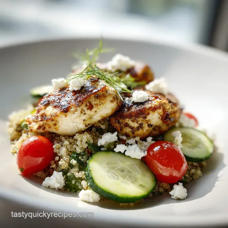 Colorful arrangement of charred chicken, crisp cucumbers, and red tomatoes topped with crumbly white feta cheese