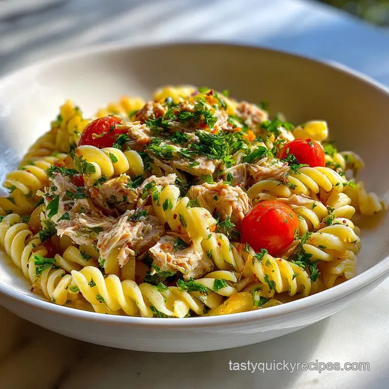 Bright tuna pasta salad artfully arranged in a white bowl, garnished with lemon wedges and fragrant herbs. Ready to enjoy!