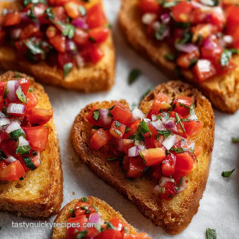 Elegant, plated bruschetta. Crispy toasted bread holds juicy tomatoes, fresh basil, and a drizzle of olive oil, a delightf...