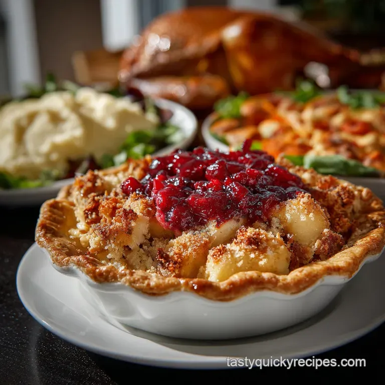 Vibrant fall colors on a Thanksgiving plate: roasted turkey with glistening skin, creamy mashed potatoes, and cranberry sa...