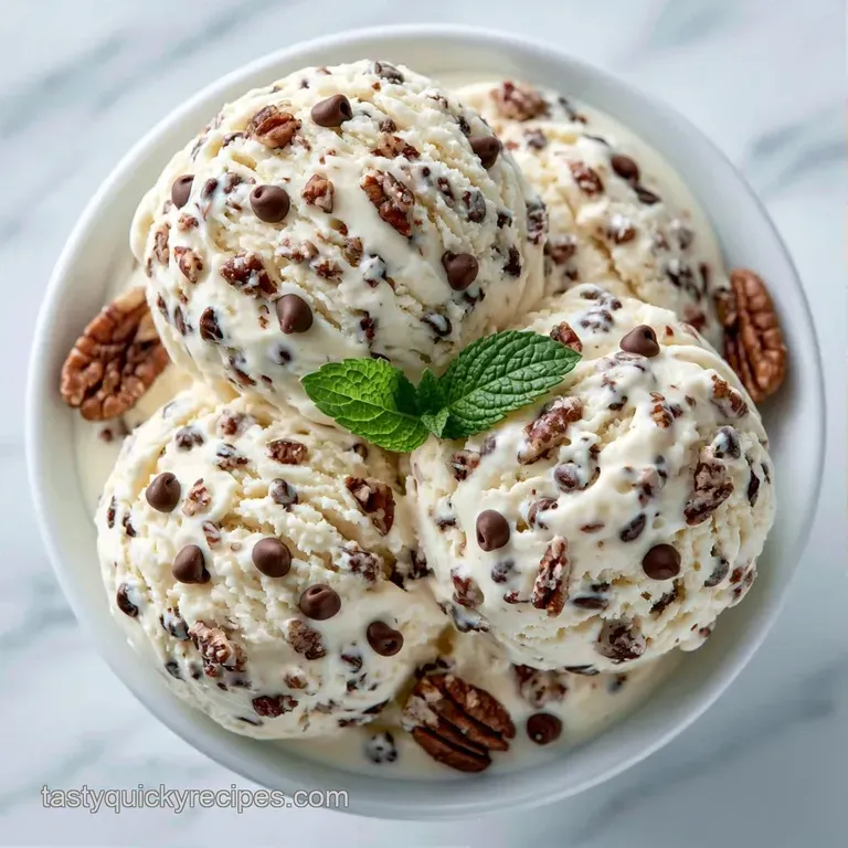 Pristine scoop of ivory ice cream in a chilled glass coupe, topped with a sprig of mint and a fresh berry.