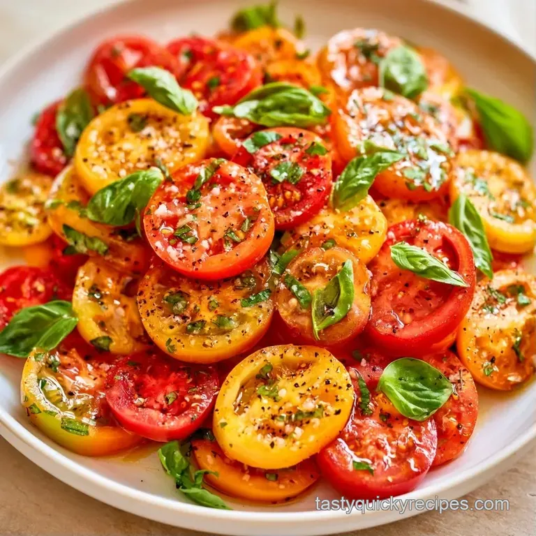 Sliced multicolored tomatoes and creamy white mozzarella arranged on a white plate with emerald green basil leaves.