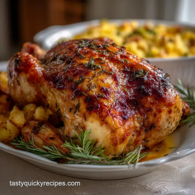 Golden-brown roasted vegetables and herbs surround a glistening turkey, creating a colorful and inviting Thanksgiving cent...