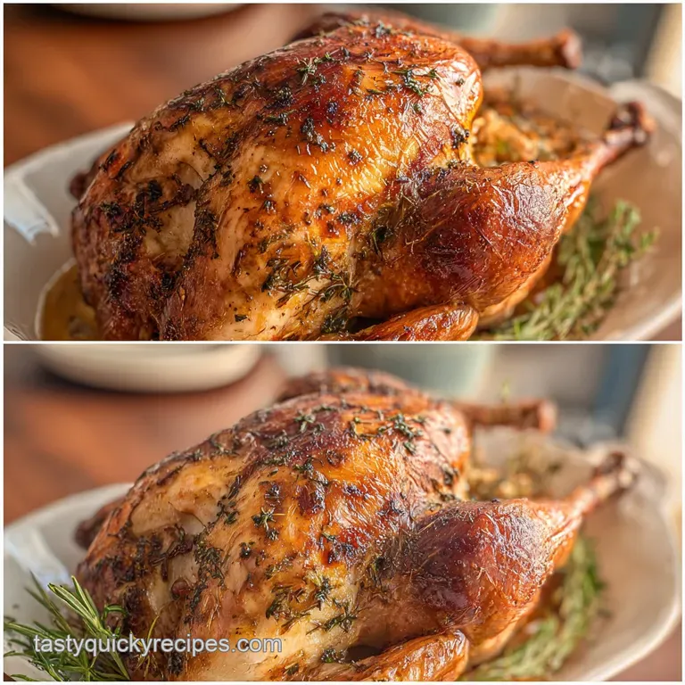 Perfectly carved turkey breast with glistening skin, arranged on a platter with vibrant roasted vegetables and a drizzle o...