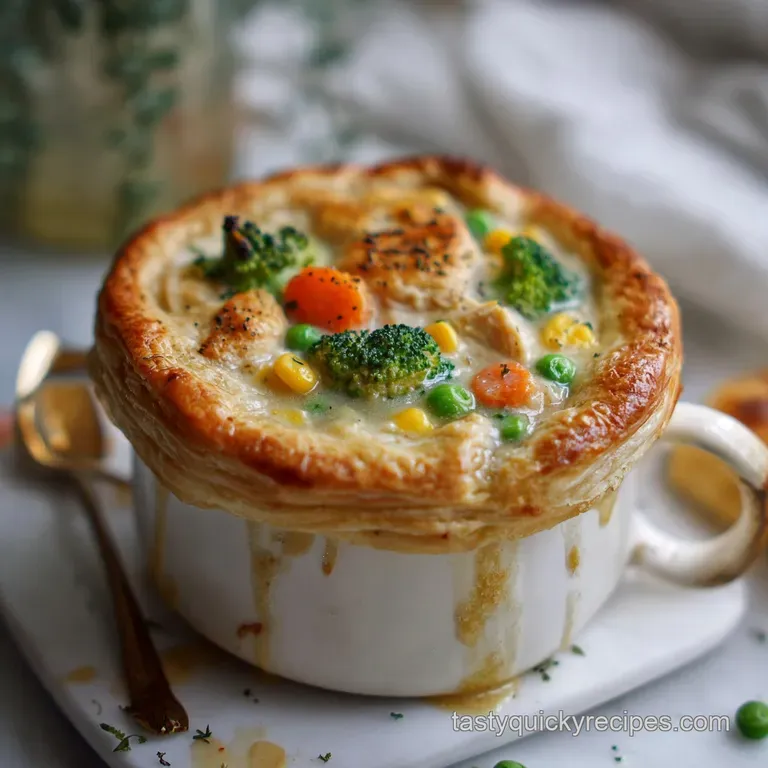 Individual chicken pot pie with perfectly browned, crimped crust on a white plate; parsley garnish adds a pop of fresh green