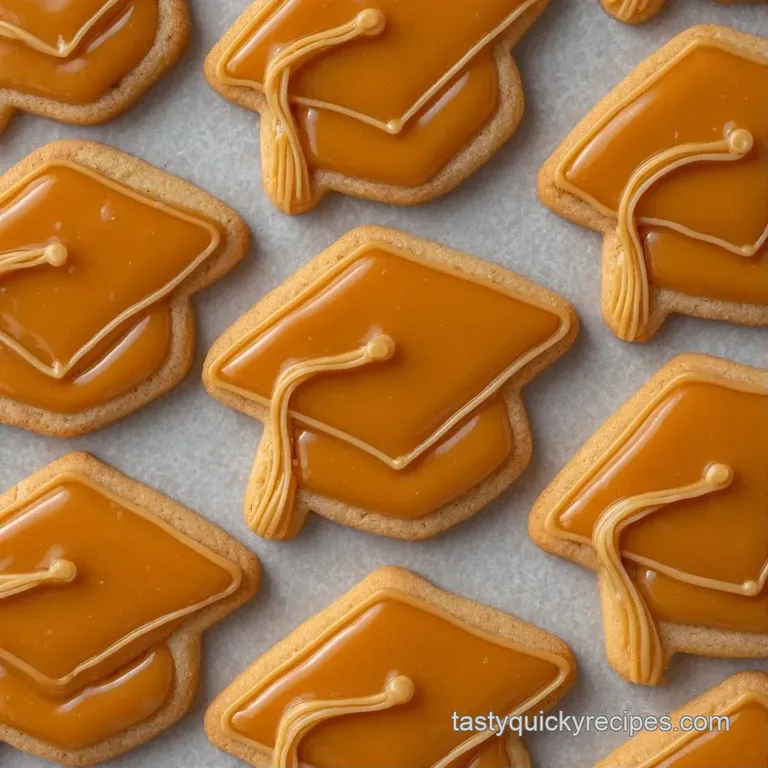 Neatly arranged frosted cookies on a marble slab, decorated with tiny gold diplomas and vibrant blue icing swirls.