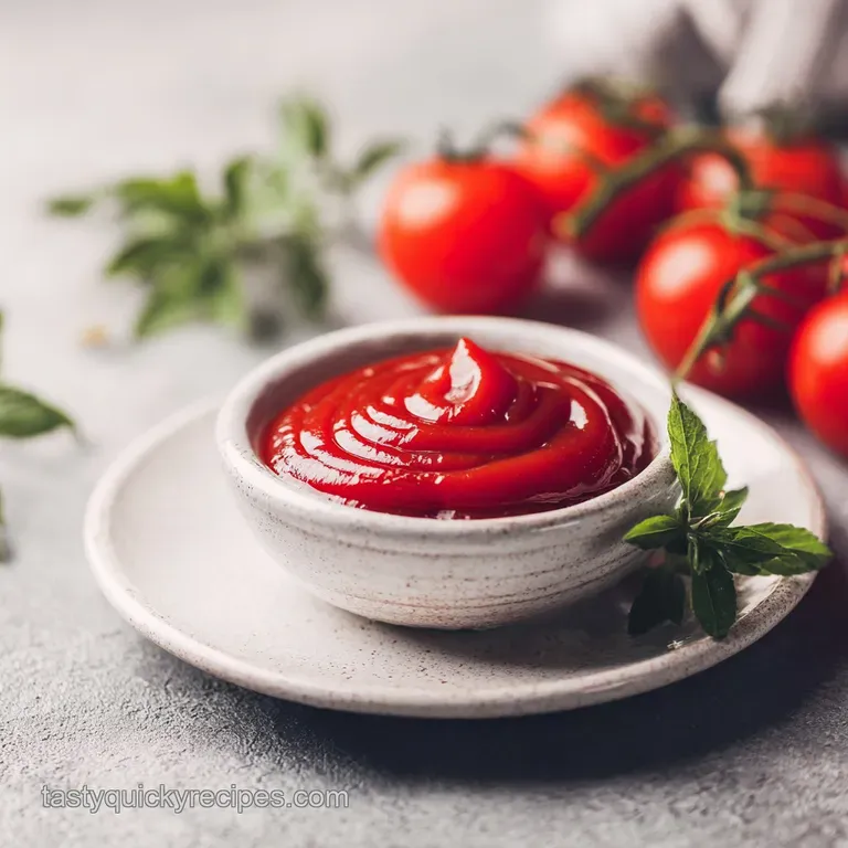 A small ceramic ramekin filled with rich red ketchup, its surface catching the light.