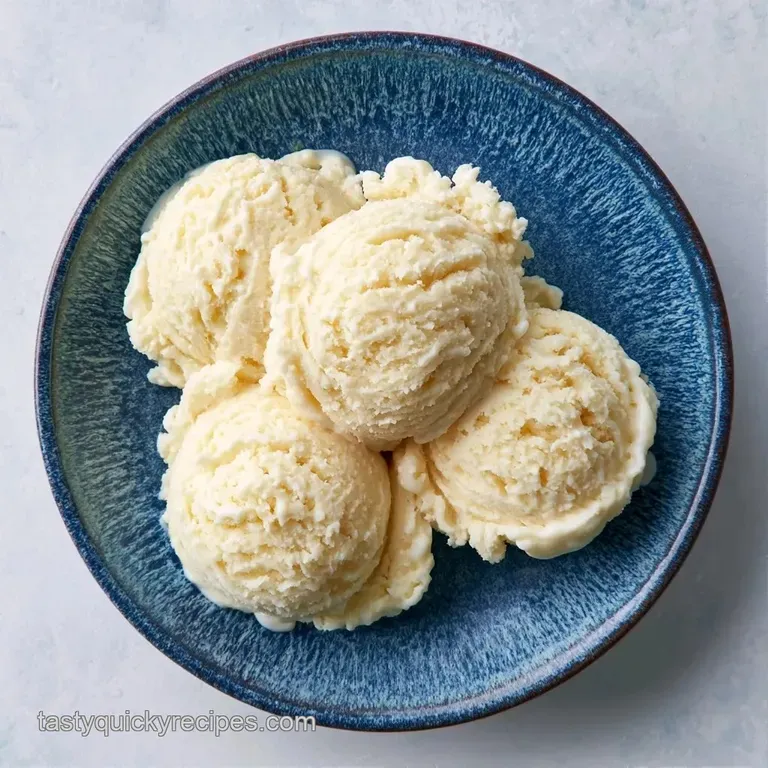 A smooth scoop of white frozen cream on a slate plate, garnished with a mint leaf and fresh raspberries.