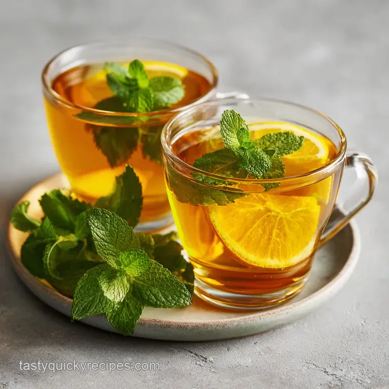 Amber liquid in a clear glass cup beside a honey dipper and citrus wheels on a rustic wooden coaster.