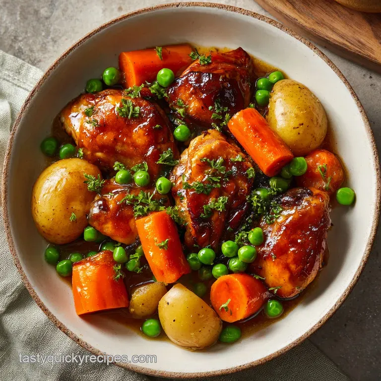 Steam rising from a white ceramic bowl of savory stew, garnished with fresh parsley and served with crusty bread.