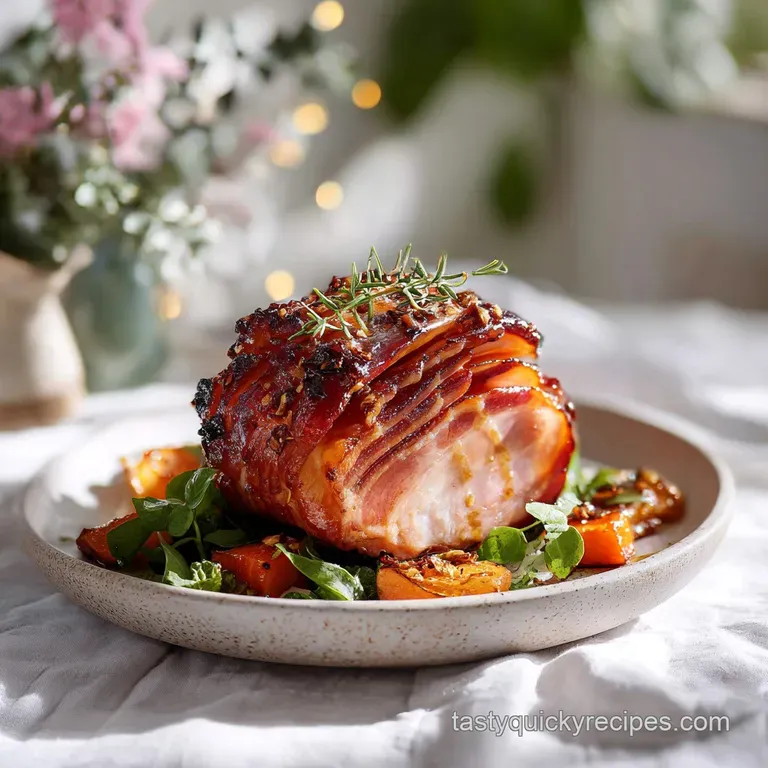 A perfectly sliced ham centerpiece on a festive platter, surrounded by colorful roasted root vegetables.