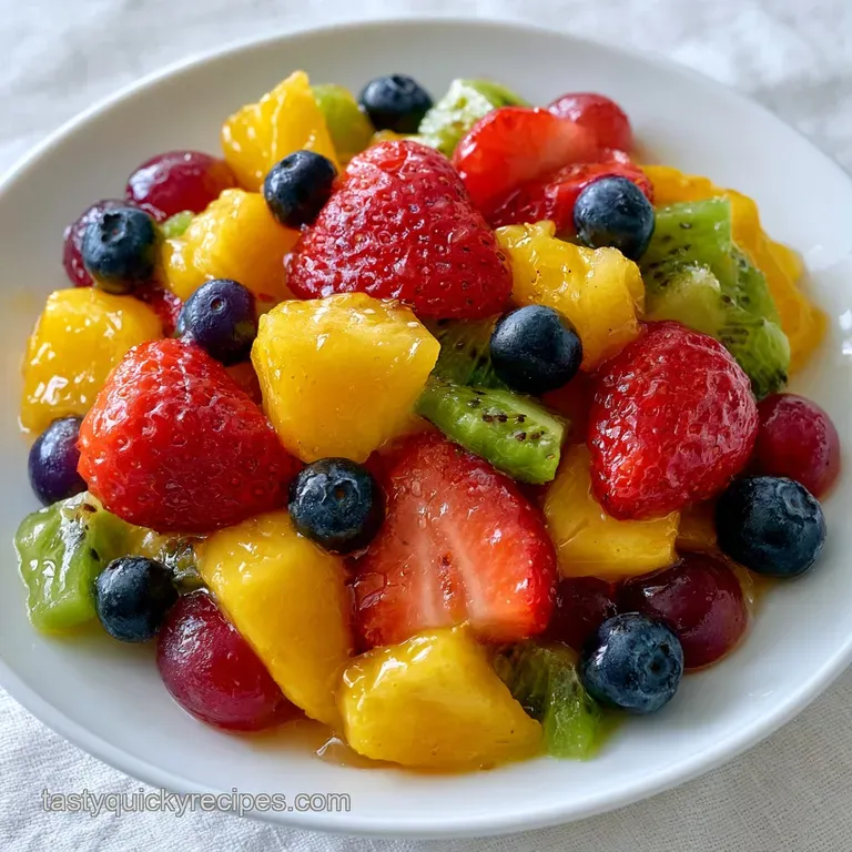 A bright medley of sliced tropical fruits and berries arranged artfully on a platter with fresh mint leaves.