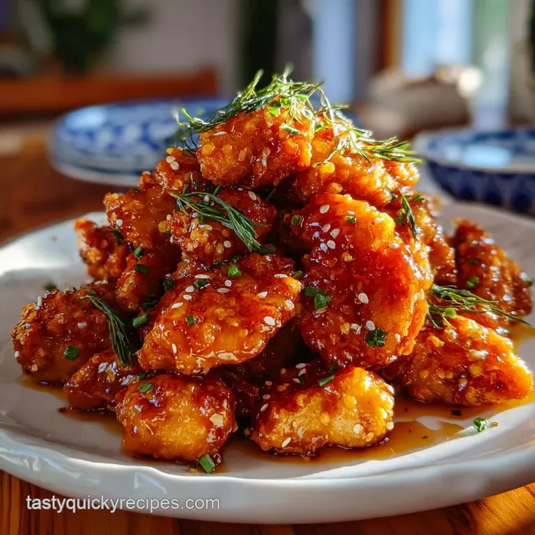 Crispy chicken coated in hot honey, elegantly arranged on a white plate, garnished with fresh thyme sprigs and red pepper ...