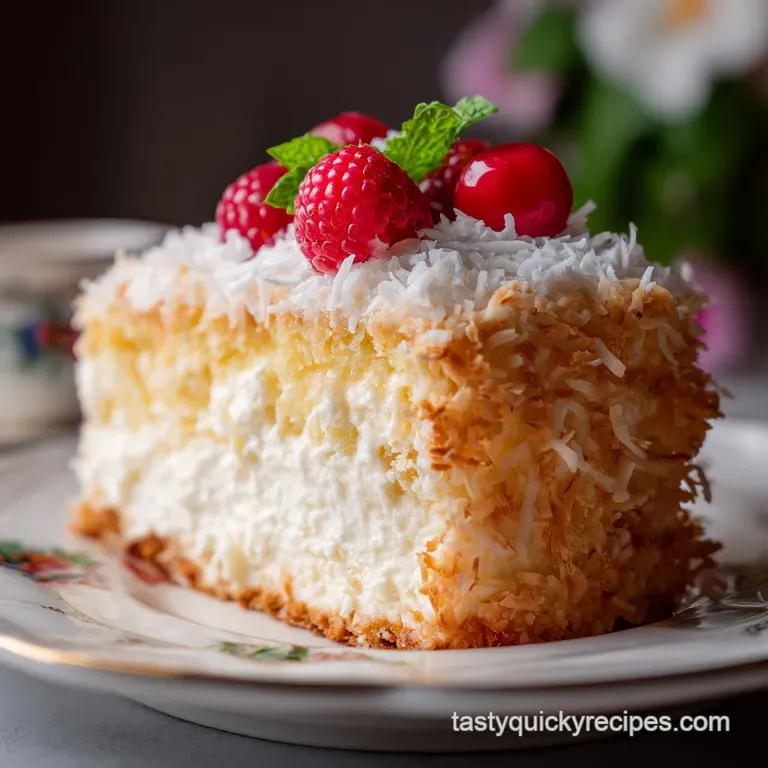 A slice of fluffy coconut cake adorned with fresh berries and a dusting of powdered sugar on a white plate.