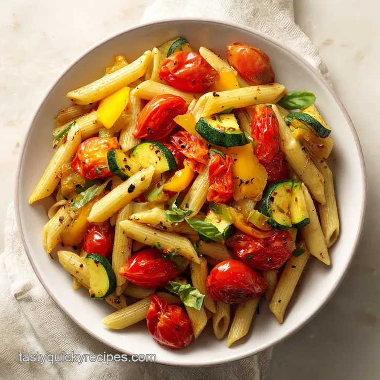 Al dente pasta twirled in a white bowl with vibrant garden vegetables and a sprinkle of fresh green herbs.