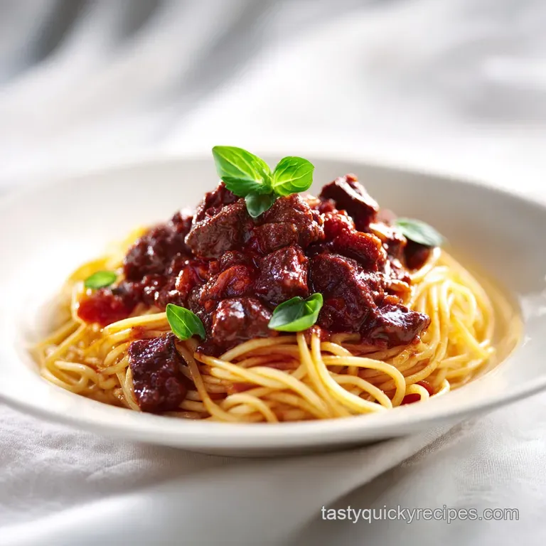 Neatly twirled pasta topped with a sprig of fresh basil and a dusting of white parmesan on a clean white plate.