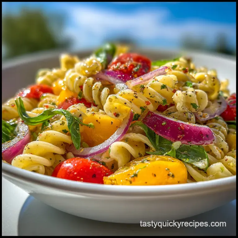 Elevated serving of pasta salad, showcasing bright vegetables and pasta shapes, tossed in a light, herby dressing; invitin...