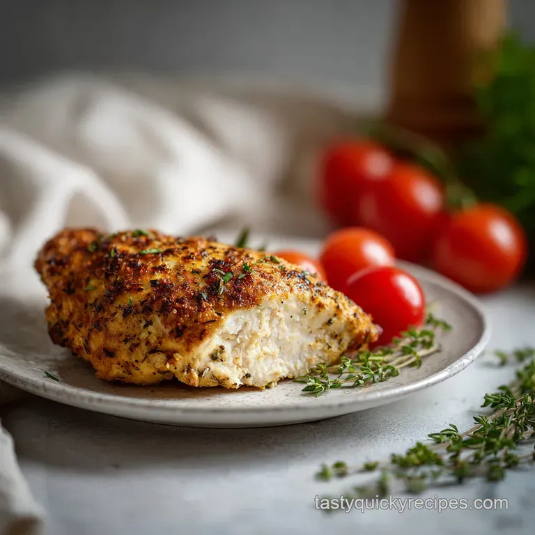 Perfectly browned chicken breast on a white plate, garnished with fresh rosemary. Steaming, with a side of vibrant green b...