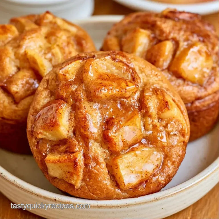 Two fluffy muffins on a white ceramic plate, dusted with powdered sugar and paired with crisp green apple slices.