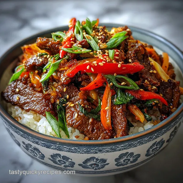 Close-up of perfectly plated bulgogi. Shiny marinated beef with sesame seeds sprinkled on top, beside vibrant green sprouts.