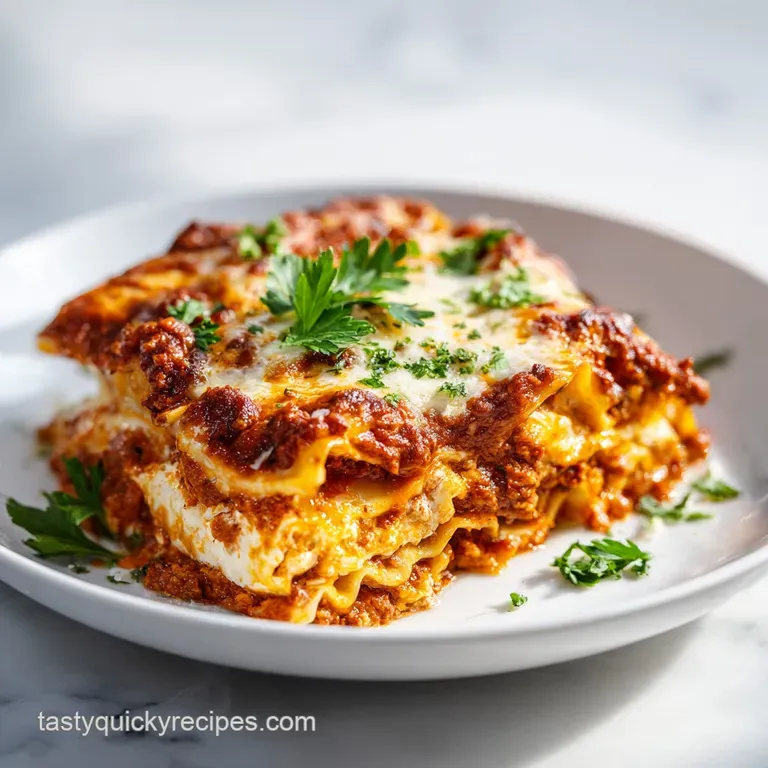 Elegant slice of layered lasagna with a crisp golden top. Garnished with fresh herbs on a white plate.