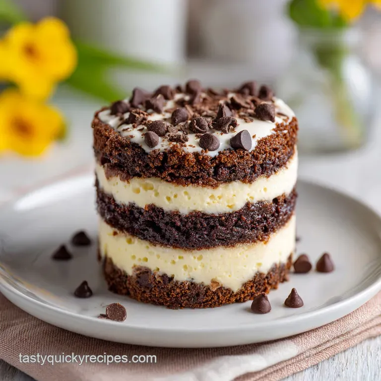 A slice of decadent brownie cheesecake with a crisp cookie crust, drizzled with chocolate and topped with cream.