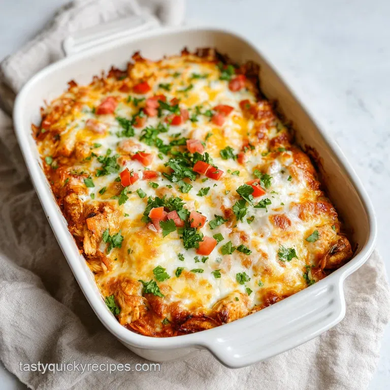 Creamy, cheesy chicken enchilada casserole slice plated with sour cream and vibrant green cilantro, a comforting, warm meal.