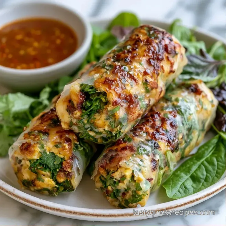 Sliced rice paper rolls arranged on a white platter with a side of golden peanut sauce and fresh mint sprigs.