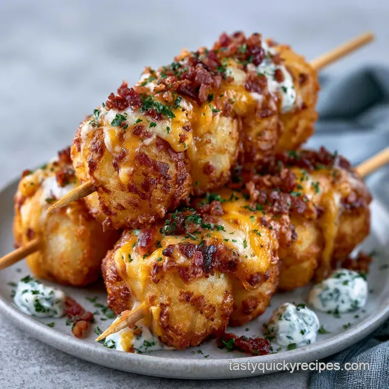 Golden fried potato bites on wooden skewers, drizzled with white ranch and garnished with fresh green chives.