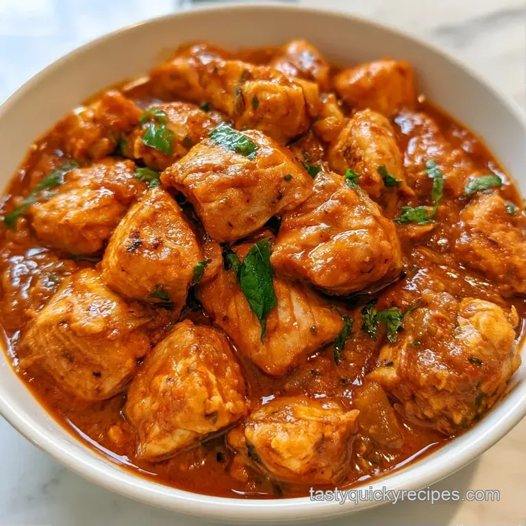 Flaky white fish simmered in a rich red curry sauce, served in a white bowl with a side of fluffy steamed jasmine rice.